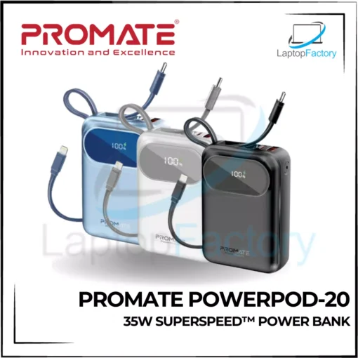 PROMATE PowerPod-20 35W SuperSpeed™ Power Bank with Built-In USB-C & Lightning Cable