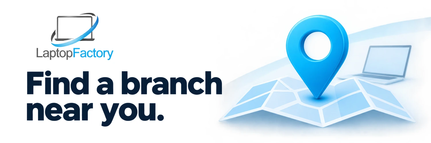 Laptop Factory — Find a branch near you. Blue location pin over a map.